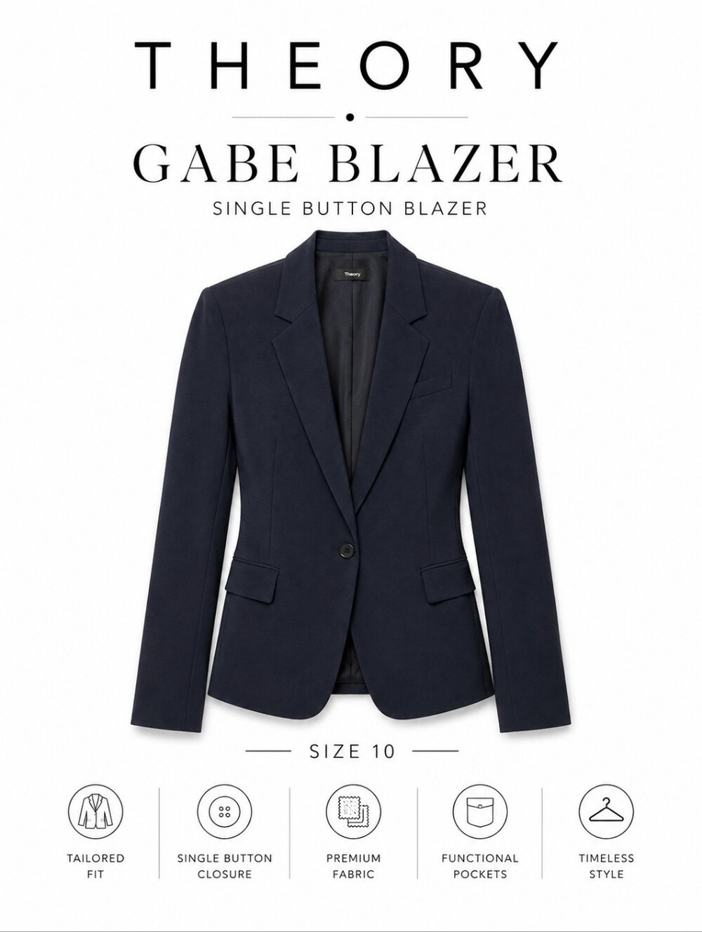 Theory Gabe Single Button Blazer – Deep Navy | Size 10